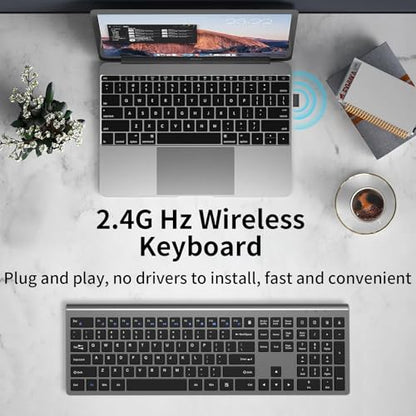 2.4G Slim Silent Wireless Full Size Keyboard Iron Grey | Ultra-thin scissor switch, num keypad & calculator key, quiet typing, 2.4G wireless for Windows, Mac, PC & laptop