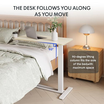 FLEXISPOT H7 28" Pneumatic Height-Adjustable Overbed Table with Wheels | C-shaped bedside table TV Tray,Medical End Side Table,Laptop desk for sofa and home office use,27.6"W x 15.7"D,White Wood - color: White Wood Grain, size: Small