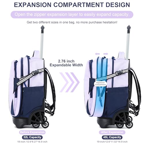 NEW TILAMI 18 Inch Expandable Rolling Backpack Stair-Climbing for School | 6-Wheel Stair-Climbing Girls Boys Carry-on Suitcase 15.6 Laptop Sleeve Water-Resistant Adjustable Handle Wheel Travel Camping - color: Purple
