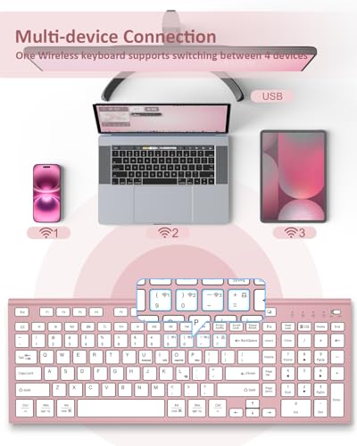 FENIFOX Wireless Keyboard, Bluetooth & 2.4G USB & USB-C Rechargeable Silent Ultra Quiet Low Profile Compact Full Size with Number Pad Soft Multi Device for Mac MacBook Windows PC - Pink & Rose Gold - color: Pink