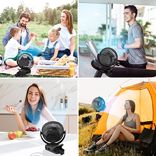 Clip on Fan, 65H Working Time Rechargeable Fan with LED Lights/Remote/Hooks | 12000mAh Battery Powered Fan with Strong Clamp, Small Desk Fan Mini Fans for Tents Travel Outdoor Camping Golf Cart, Black - color: Black