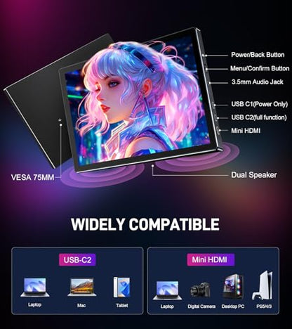 10.1 inch Portable Touchscreen Monitor, Screen Extender 1920x1200 IPS Travel Small Monitor with Cover, USB-C HDMI Computer Touch Screen Display for Laptop Windows PC, PS5/4 Xbox No Touch - size: 10 inch