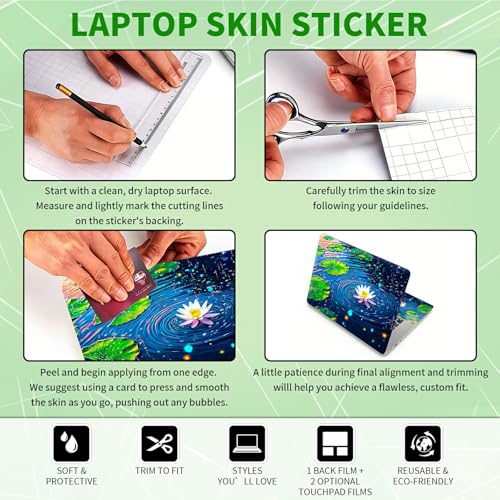 Laptop Skin Sticker Decal, Universal Protective Cover Fit 12 13 14 15.6 Inch Notebook, Reusable Water-Resistant Vinyl Decal w/ 2 Wrist Pads for Business Travel Office, Green Lotus Leaf Creek - color: Green Lotus Leaf Creek