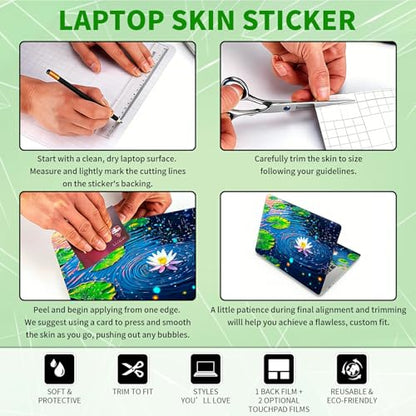 Laptop Skin Sticker Decal, Universal Protective Cover Fit 12 13 14 15.6 Inch Notebook, Reusable Water-Resistant Vinyl Decal w/ 2 Wrist Pads for Business Travel Office, Green Lotus Leaf Creek - color: Green Lotus Leaf Creek