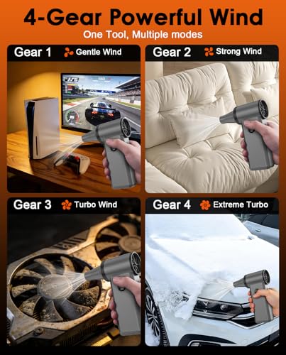 Compressed Air Duster, 180000 RPM Turbo Dust Blower, 45W Charge | SuperPower Mini Cordless Electric Air Duster, 8000mAh, 4 Adjustable Speeds, Keyboard/PC/Car Cleaner, Replace air can - color: Silver Gray