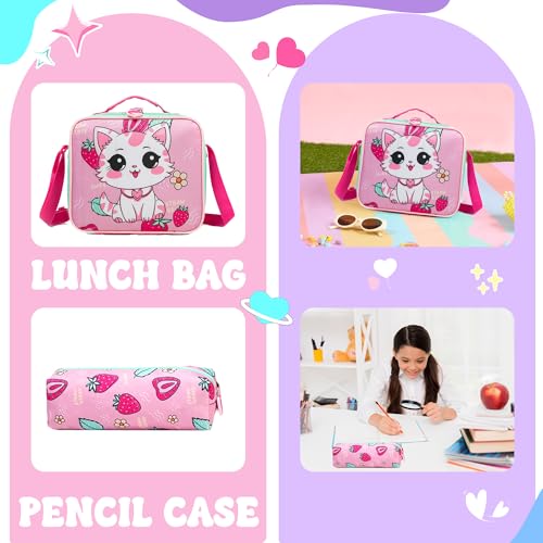 Cute Rolling Backpack for Girls School Backpacks with Wheels for Girls 8-12 Kawaii Rolling Backpack Kids Backpacks with Wheels Travel Luggage for Elementary Student - color: Pink Cat Strawberry