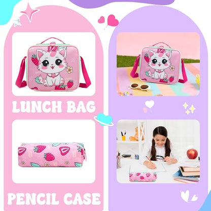 Cute Rolling Backpack for Girls School Backpacks with Wheels for Girls 8-12 Kawaii Rolling Backpack Kids Backpacks with Wheels Travel Luggage for Elementary Student - color: Pink Cat Strawberry