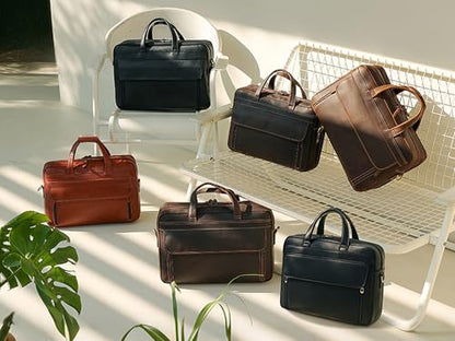 Masa Kawa Leather 15.6" & 17" Laptop Briefcase Men Business Messenger Bag | Full Grain Cowhide Business Travel Office Work Crossbody Shoulder Professional Attache Case for 2 Computers - color: Tan-fits 15.6" Laptop