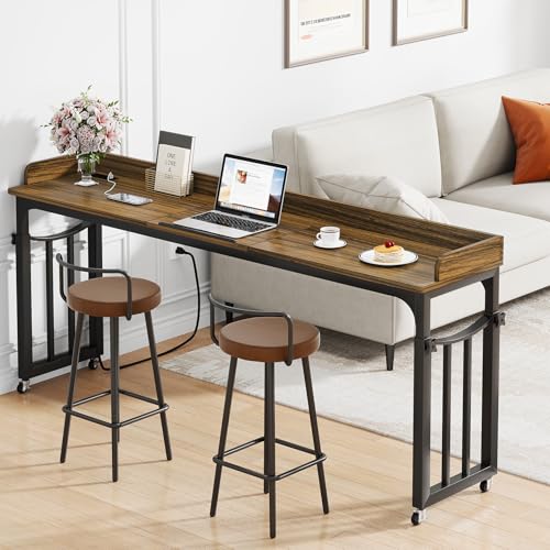 71 in Queen Size Overbed Table with Wheels, Brown | Height Adjustable, Bed Table with Adjustable Tilt Board, Mobile Laptop Cart Computer Desk with Power Outlets, USB Ports - color: Brown