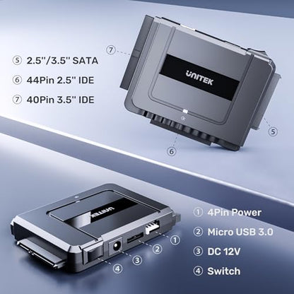 Unitek USB-C SATA/IDE Adapter, Dual-Drive, 6Gbps, for 2.5/3.5" HDD/SSD | Simultaneous 1 SATA + 1 IDE Access; For 2.5/3.5" IDE/SATA, Optical; Plug & Play, Hot-Swap; 12V Adapter Included - color: USB C 6Gbps SATA & 5 Gbps IDE