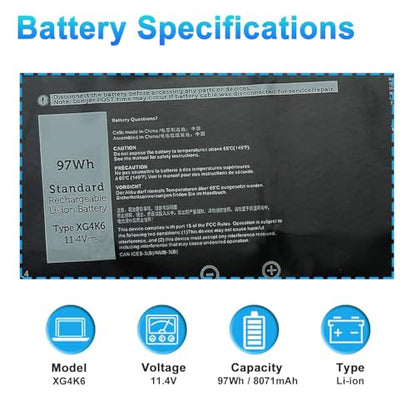 97Wh XG4K6 Laptop Battery Replacement for Dell XPS 17 9700 9710 9720 9730 Precision 5750 5760 5770 Series P92F P92F001 P92F002 P92F003 01RR3 F8CPG 0F8CPG OF8CPG 5XJ6R KVPMY KRDHV 3ICP7/54/65-2 - size: 15.07*2.35*0.23inch XG4K6