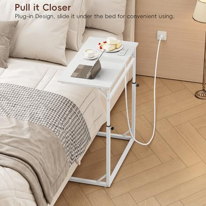 C Shaped End Table with Charging Station, C-Table End Table Adjustable Height Side Table for Couch, Large Couch Table, Slide Under Sofa Table TV Tray Arm Table for Living Room, Bedroom, White - color: White, style: With Plug