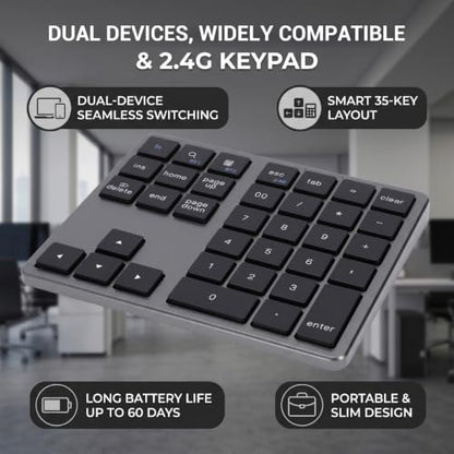 Wireless Number Pad, 35 Key Quiet Scissor Switch, Ultra Light Compact, Bluetooth 2.4G Dual Mode, Rechargeable, for Laptop PC Desktop (Black) - color: Black