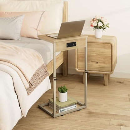 C Shaped End Table with Charging Station, Adjustable Height Side Table for Couch, Small Side Table, 33.2'' Tall Couch Tables that Slide Under, Tv Tray End Table for Living Room, Natural - color: Natural (1 Pack), style: With Plug