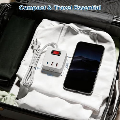 Outdoor Power Strip Cube 10 Ft, IPX4 Waterproof 3 AC Outlet Widely Spaced with 2 USB-A & 1 USB-C PD 20W Charging Station, Low Profile 45 Degree Flat Plug Extension Cord Wall Mountable, ETL-White - size: 10FT