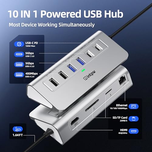 10-in-1 USB C Hub, P9R Powered USB Hub with 4K HDMI, 3 USB 3.0 5Gbps, PD 100W, 1Gbps Ethernet, SD/TF, Aluminum USB Hub for Laptop, MacBook Pro/Air, iPad Pro, iPhone 17, Dell, HP - color: Silver White, size: 1.64ft