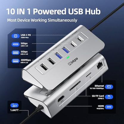 10-in-1 USB C Hub, P9R Powered USB Hub with 4K HDMI, 3 USB 3.0 5Gbps, PD 100W, 1Gbps Ethernet, SD/TF, Aluminum USB Hub for Laptop, MacBook Pro/Air, iPad Pro, iPhone 17, Dell, HP - color: Silver White, size: 1.64ft