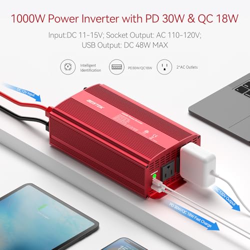 BESTEK 1000W Power Inverter for Vehicles DC 12V to AC 110V Inverter | 2 AC Outlets/PD 30W USB-C Port/18W USB A Quick Charge Port/Multi-Protection/Car Charger Adapter for Car/RV/Truck/Home
