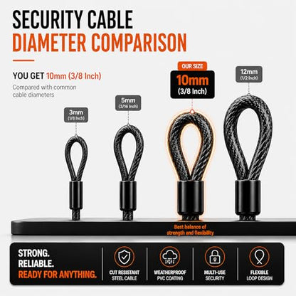 Bike Cable Lock Security Cable with Loops - 3/8 inch (10 mm) Heavy-Duty Locking Cable, Vinyl Coated Steel Cable Bike Chain Security Chain (4ft, 7ft, 15ft) - size: 4FT