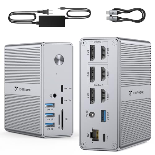 TobenONE DisplayLink Docking Station 3 Monitors with 120W Power Adapter, Triple 4K Display for MacBook Pro/Air, Thunderbolt 4/3, USB-C Windows(3X HDMI, 3X DP, 2xUSB-C, 4xUSB 3.2, SD/TF)