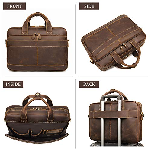 Augus Leather Briefcase for Men, 16 Inch, Full-Grain Leather, YKK Zipper - color: Coffee