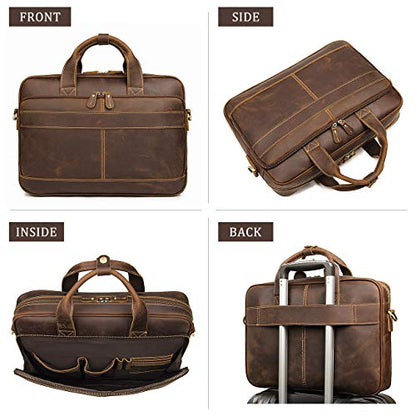 Augus Leather Briefcase for Men, 16 Inch, Full-Grain Leather, YKK Zipper - color: Coffee
