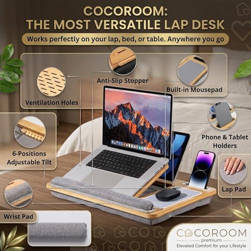 Lap Desk for Laptop – Bed Desk Tray Table with Cushion, 5 Angles, Phone & Tablet Holder, Mouse Pad & Ventilation – Laptop Stand, Lap Table, Couch Desk for 15”-17” Laptops (Gray) - color: Gray