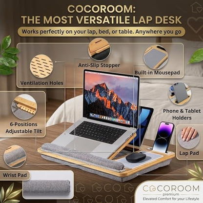 Lap Desk for Laptop – Bed Desk Tray Table with Cushion, 5 Angles, Phone & Tablet Holder, Mouse Pad & Ventilation – Laptop Stand, Lap Table, Couch Desk for 15”-17” Laptops (Gray) - color: Gray
