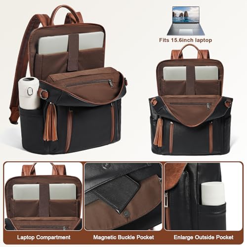 Laptop Backpack for Women 15.6 inch,Travel Leather Backpack Purse Nurse Teacher Carry on Backpack Computer Bag,Professional Water-Resistant College Business Work Casual Daypack,Black with Brown - color: Black With Brown