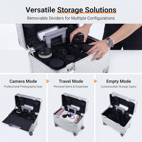 Full Aluminum Rolling Camera Bag 18" Camera Case | Wheeled Photography Gear Case, Carry-on Luggage, Dual TSA locks, Detachable Wheels & Dividers, Fits 17" laptop, DSLRs & Lens