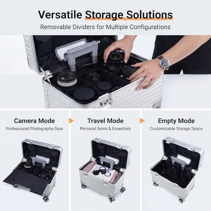 Full Aluminum Rolling Camera Bag 18" Camera Case | Wheeled Photography Gear Case, Carry-on Luggage, Dual TSA locks, Detachable Wheels & Dividers, Fits 17" laptop, DSLRs & Lens