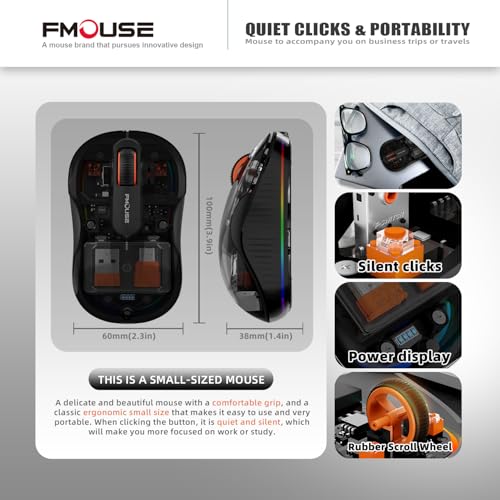FMOUSE Transparent Wireless Mouse, Tri-Mode Bluetooth 5.1 & 2.4GHz, USB-A & USB-C Receiver, Silent Rechargeable RGB, 3 Devices for MacBook Laptop iPad PC, Business Minimalist — Black - color: Black