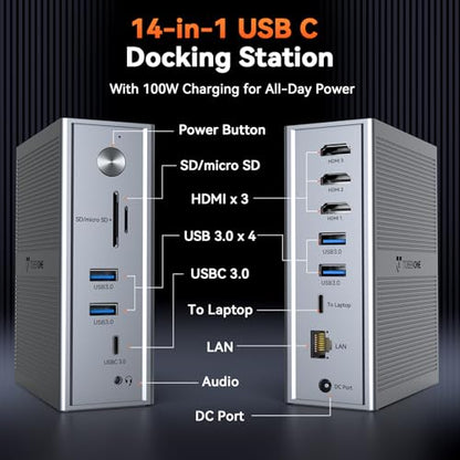 TobenONE USB C Laptop Docking Station 3 Monitors, Triple 4K DisplayLink | 120W Power Adapter, 3X HDMI, 5X USB, Gigabit Etherne, for MacBook M1-M5/Windows Owners,Professional Multitasking,Home Office