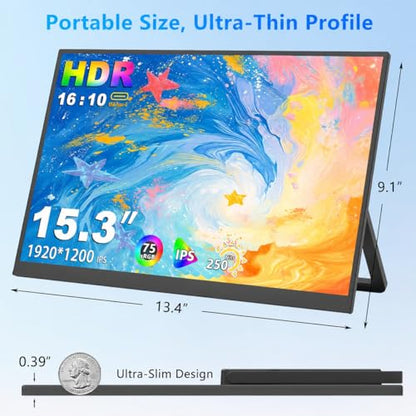 15.3 Inch Portable Monitor FHD 1200P 60Hz IPS,USB-C External Second Screen, Compatible with Laptop, PC, Mac & Phone, Travel Display for Office Work - size: 15.3inch