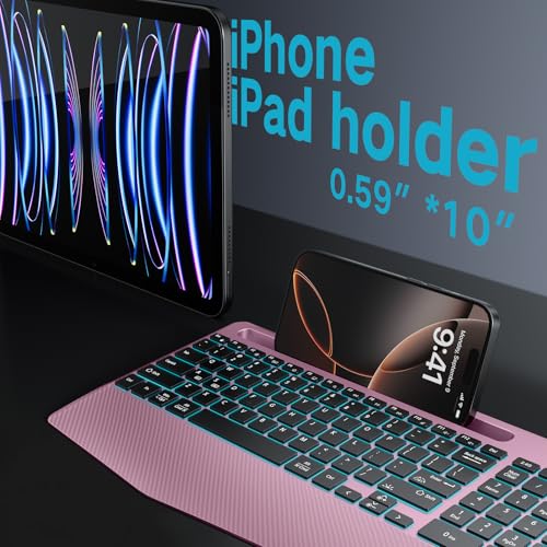 Hamile Wireless Backlit Keyboard with Wrist Rest, Rosepink | 2.4G and Bluetooth keyboard with 8 backlight effects, slim rechargeable silent keys, holder, and Windows/Mac support - color: RosePink
