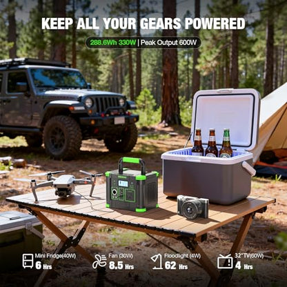 330W Portable Power Station 288.6Wh Solar Generator with 600W Peak, PD 60W USB-C, QC3.0 & 5W Wireless Charger for Camping, Emergency Backup, RV & Home Use - color: Green