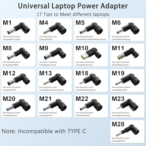 90W Universal Laptop Charger with 17 Tips, Compatible with Acer Asus HP Len OVO Dell Samsung Toshiba IBM Fujitsu Notebook Ultrabook Chromebook Charger Power Supply Cord