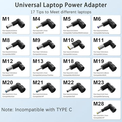 90W Universal Laptop Charger with 17 Tips, Compatible with Acer Asus HP Len OVO Dell Samsung Toshiba IBM Fujitsu Notebook Ultrabook Chromebook Charger Power Supply Cord