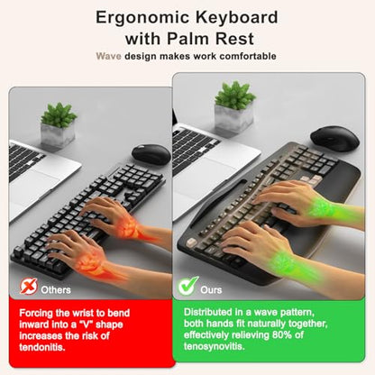 Wireless Keyboard and Mouse Combo, 2.4G Full Size Wave Keys Ergonomic Keyboard with Wrist Rest, Phone Holder, 3-Level DPI Wireless Silent Mouse with 6-Buttons, for Windows (Latte Black) - color: Latte Black