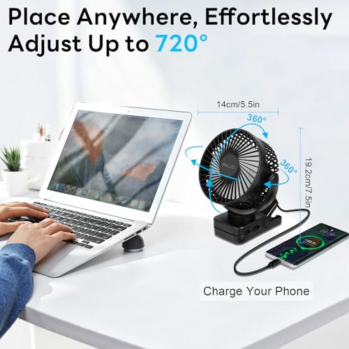 ELZO 12000mAh Clip on Fan, USB Desk Fan Rechargeable with LED Light & Hanging Hook & Magnetic (Black)