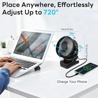 ELZO 12000mAh Clip on Fan, USB Desk Fan Rechargeable with LED Light & Hanging Hook & Magnetic (Black)