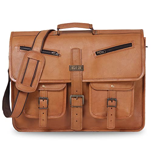 Leather Messenger Bag for Men and Women 18 Inch | Best Laptop Briefcase Satchel Computer Bag with Adjustable Strap - color: Tan