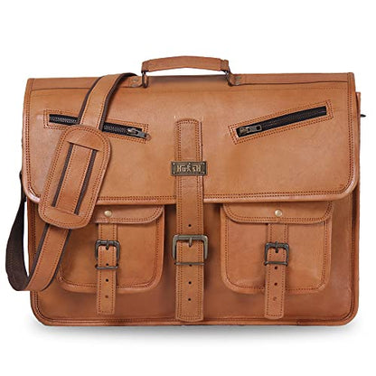 Leather Messenger Bag for Men and Women 18 Inch | Best Laptop Briefcase Satchel Computer Bag with Adjustable Strap - color: Tan