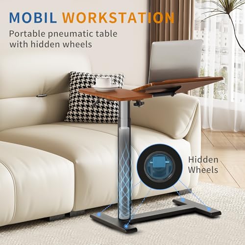 Adjustable Overbed Bedside Table with Hidden Wheels, Pneumatic Tilt Board Rolling Laptop Standing Desk Cart, Mobile Over Bed Sofa Chair Side End Tables, Walnut (Walnut) - color: Walnut