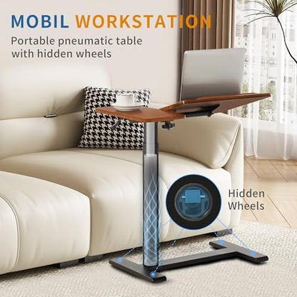 Adjustable Overbed Bedside Table with Hidden Wheels, Pneumatic Tilt Board Rolling Laptop Standing Desk Cart, Mobile Over Bed Sofa Chair Side End Tables, Walnut (Walnut) - color: Walnut