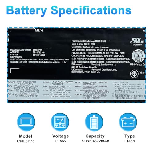 L18L3P73 L18M3P74 L18C3P72 L18M3P73 Replacement Battery for Lenovo ThinkPad T14 Gen1/Gen2, ThinkPad T490/T495/P43S/P14s Series 02DL007 SB10K97646 51Wh 11.55V 4372mAh - size: 11.81*4.33*1.18inch L18L3P73