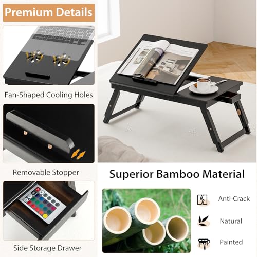 Giantex Bamboo Laptop Desk for Bed, Adjustable Serving Tray Breakfast Table with Tilting Desktop, Folding Lap Tray with Removable Stopper, Cooling Holes & Small Side Drawer (Black) - color: Black