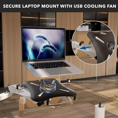 Mount-It! CLiX Monitor & Laptop Desk Mount w/Cooling Fan, Silver | TAA-compliant gas spring arm fits 13-32" monitor + 17" laptop, VESA 75x75/100x100, full motion aluminum, dual-screen ready.