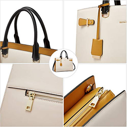 BOSTANTEN Genuine Leather Briefcase for Women 15.6'' Laptop Work Tote Bag | Laptop Compartment, Spacious Interior, Structured, Professional Style, Detachable Shoulder Strap, Office, Business, Commute - color: A-beige