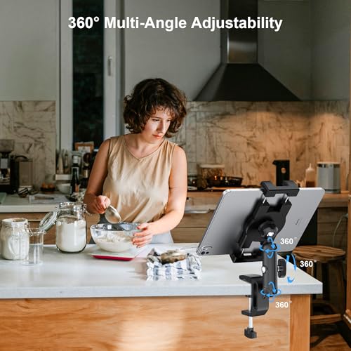 iPad Under Cabinet Mount, Kitchen Tablet Holder, iPad Desk Mount with Clamp | Heavy Duty Aluminum Base & Metal Arm, 360° Rotation, Compatible with 4.7"-12.9" iPad Pro/Air/Mini/Kindles/Galaxy Tab/Phones